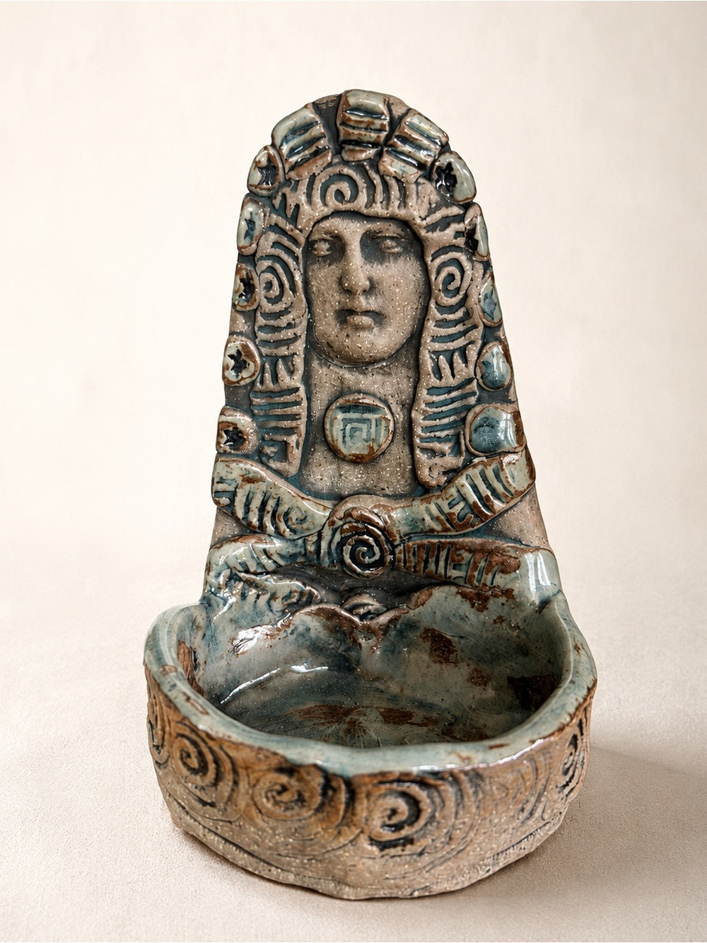 Vintage 1997 Maren Papadimitriou Ceramic Goddess Wall Pocket Fountain 6”